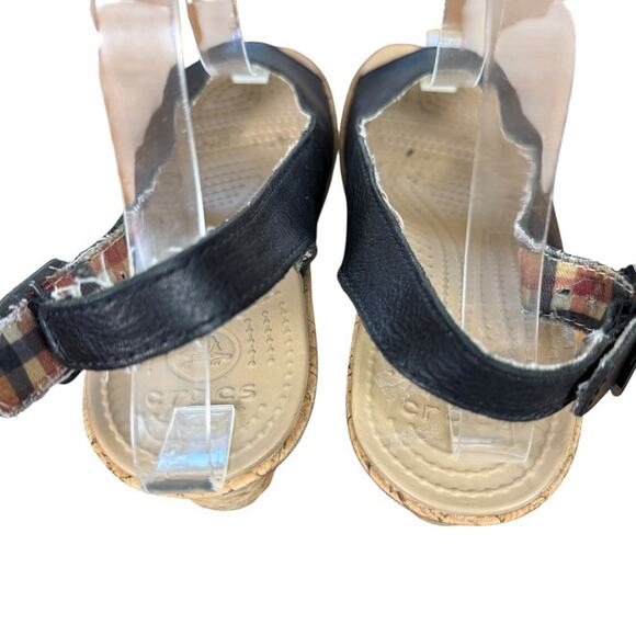 Crocs A-Leigh Leather Black Cork Wedge Slingback Open Toe Sandals Shoes sz 7 - Picture 10 of 16